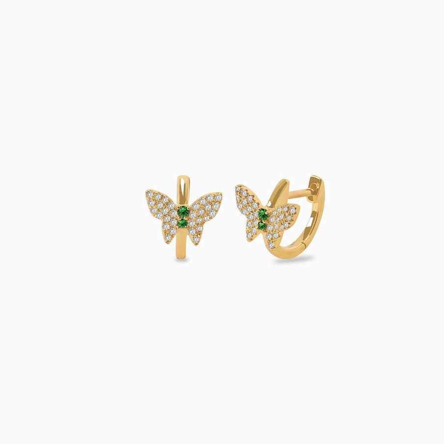 Aretes Aldo & Co | Argollas En Oro Amarillo De 18K Mariposas Con Esmeraldas Y Brillantes