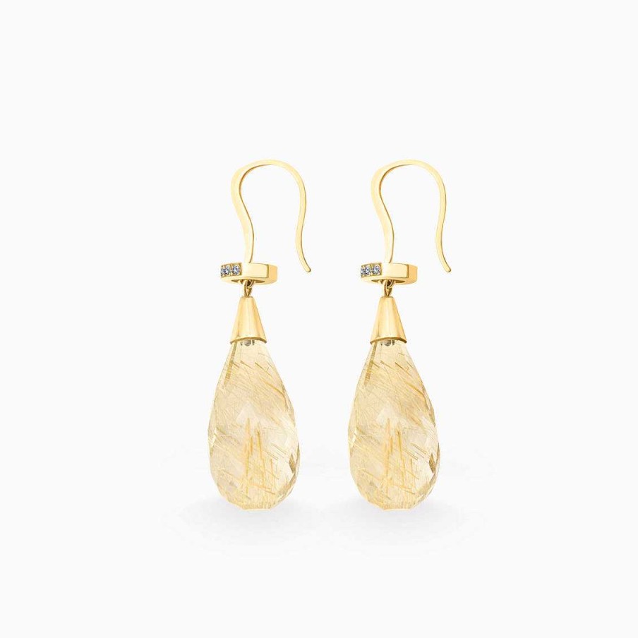 Aretes Aldo & Co | Aretes En Oro Amarillo De 18K Con Cuarzo Rutilado Gota Y Brillantes