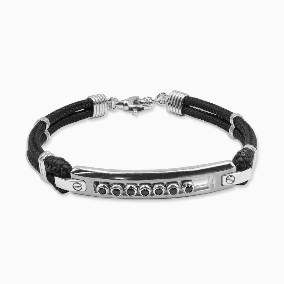 Joyer A Masculina Aldo & Co | Pulsera En Oro Blanco De 18K Con Cord N Negro