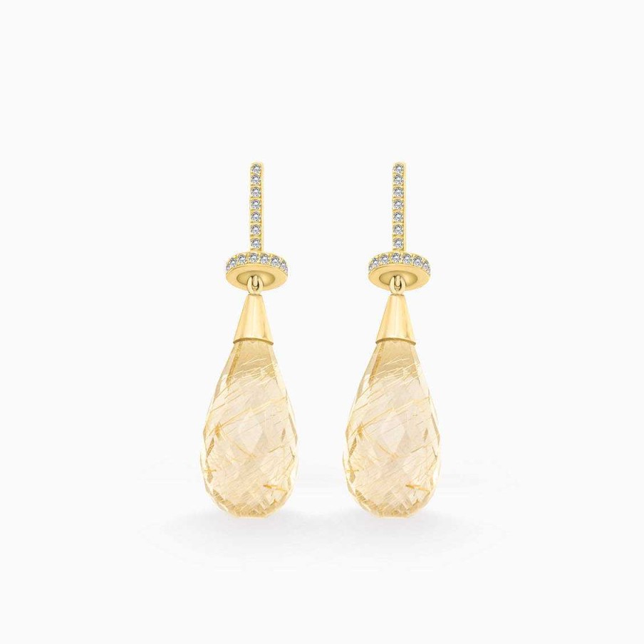 Aretes Aldo & Co | Aretes En Oro Amarillo De 18K Con Cuarzo Rutilado Gota Y Brillantes