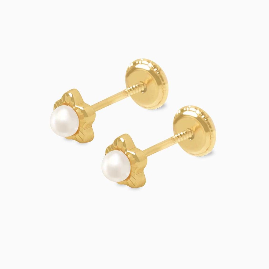 Piercings Aldo & Co | Aretes En Oro Amarillo De 18K Flor Diamantada Con Perla