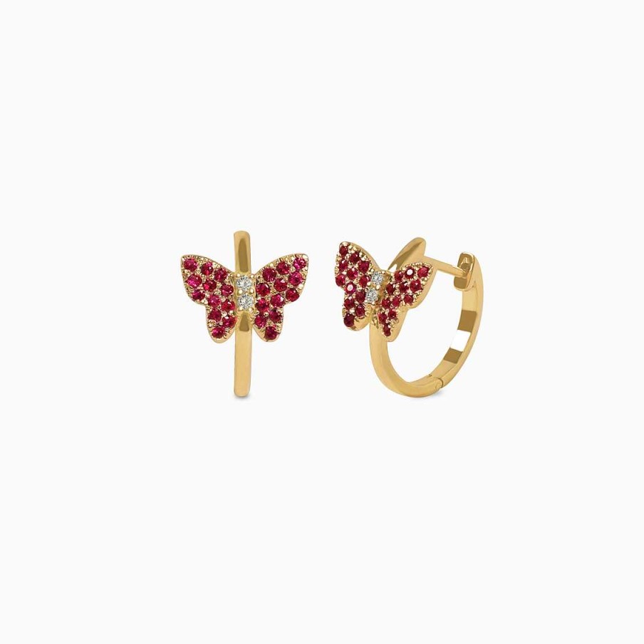 Aretes Aldo & Co | Argollas En Oro Amarillo De 18K Mariposas Con Zafiros Rosados Y Brillantes