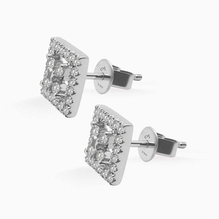 Aretes Aldo & Co | Aretes En Oro Blanco De 18K Cuadrado Con Flor Central Con Brillantes