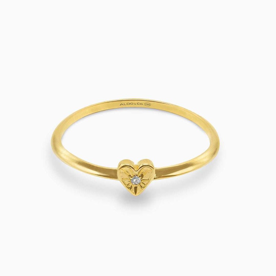 Anillos Aldo & Co | Anillo Amma En Oro Amarillo De 18K En Forma Coraz N Con Efecto "Diamantado" Con Un Brillante